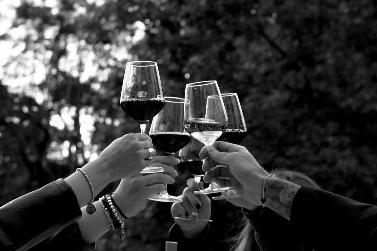 Persone che brindano con calici di vino rosso. Celebrazione, brindisi, azienda agricola Panizzari, evento, festa.
