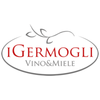 Logo I Germogli con scritta rossa, contorno grigio e dettagli floreali. Sotto, Vino & Miele in grigio. Sfondo nero.