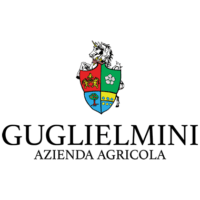 Stemma araldico Guglielmini con unicorno, diviso in quattro sezioni colorate. Rosso, verde, blu e giallo. Logo Le Cantine.