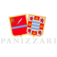 Logo Panizzari: stemmi araldici su sfondo nero. Scudo rosso con sole e penna, scudo bianco con leoni rossi e onde azzurre. Scritta PANIZZARI bianca.