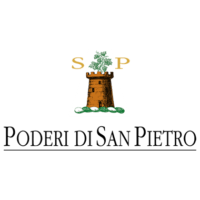 Logo Poderi San Pietro: torre marrone con pianta verde, lettere S e P dorate, sfondo nero.