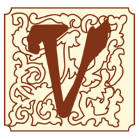 Logo Vignaioli: lettera V marrone in stile antico su sfondo chiaro con decorazioni floreali. Bordo marrone e cornice nera.