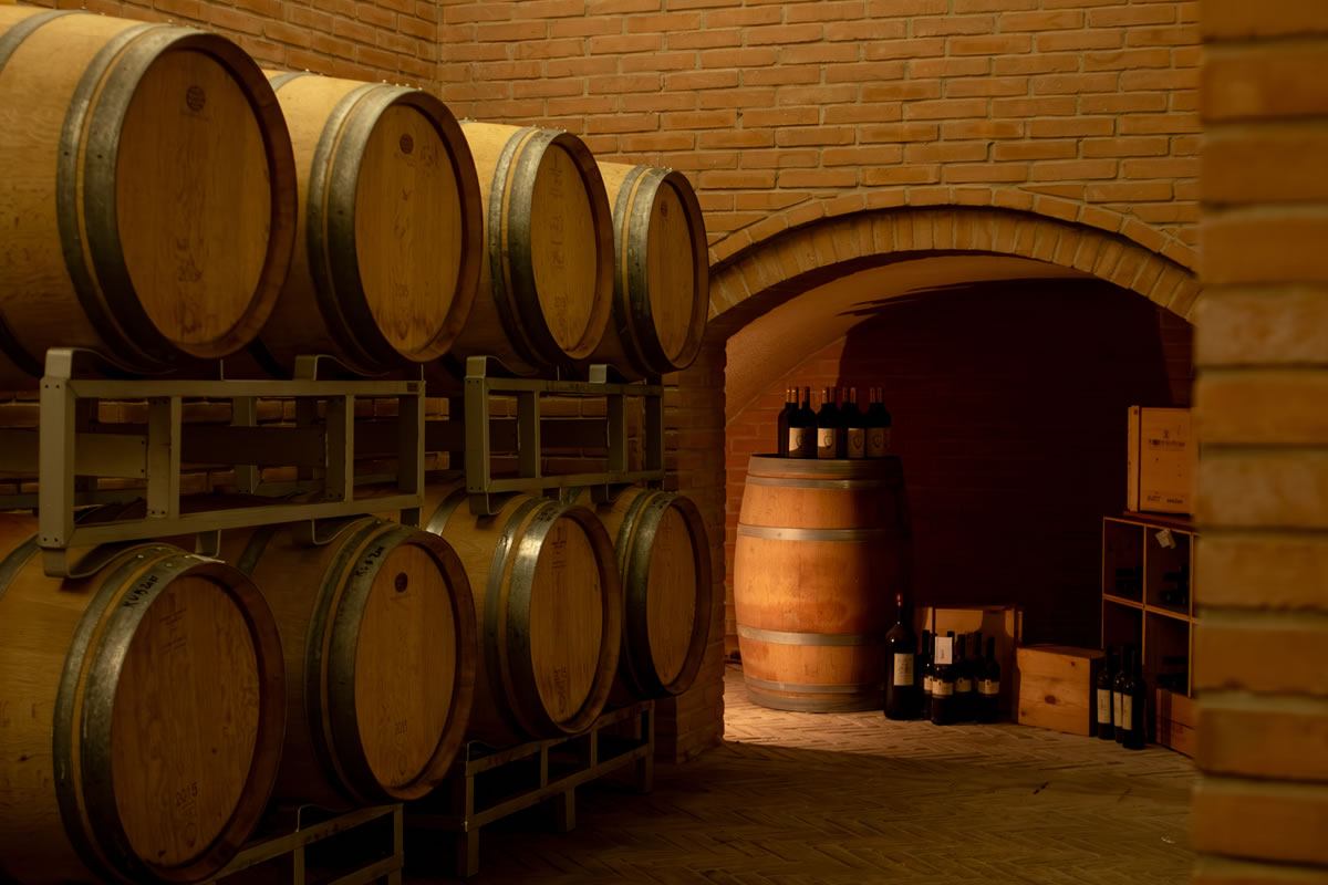 Cantina con botti di legno, mattoni rossi e bottiglie di vino. Ambiente rustico e accogliente, ideale per la conservazione del vino.