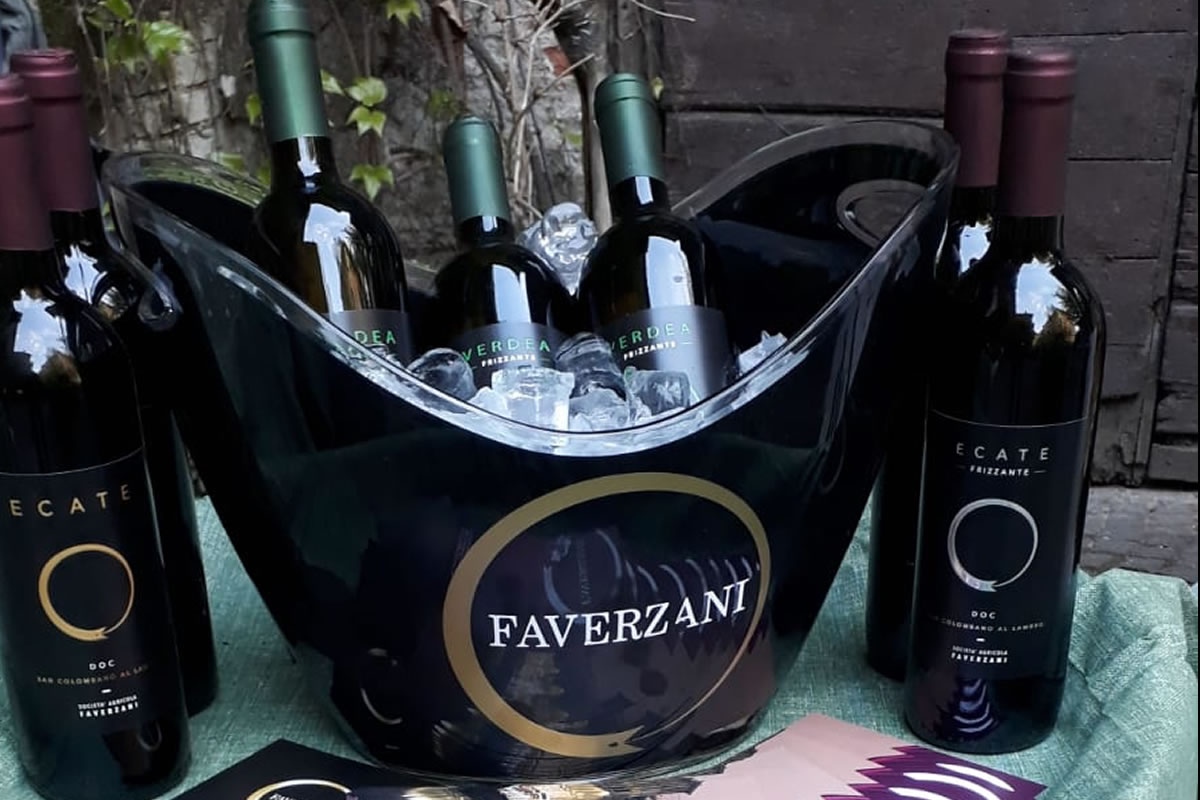 Bottiglie di vino Faverzani in un secchiello con ghiaccio. Etichette Ecate e Verdea. Logo Faverzani in primo piano.